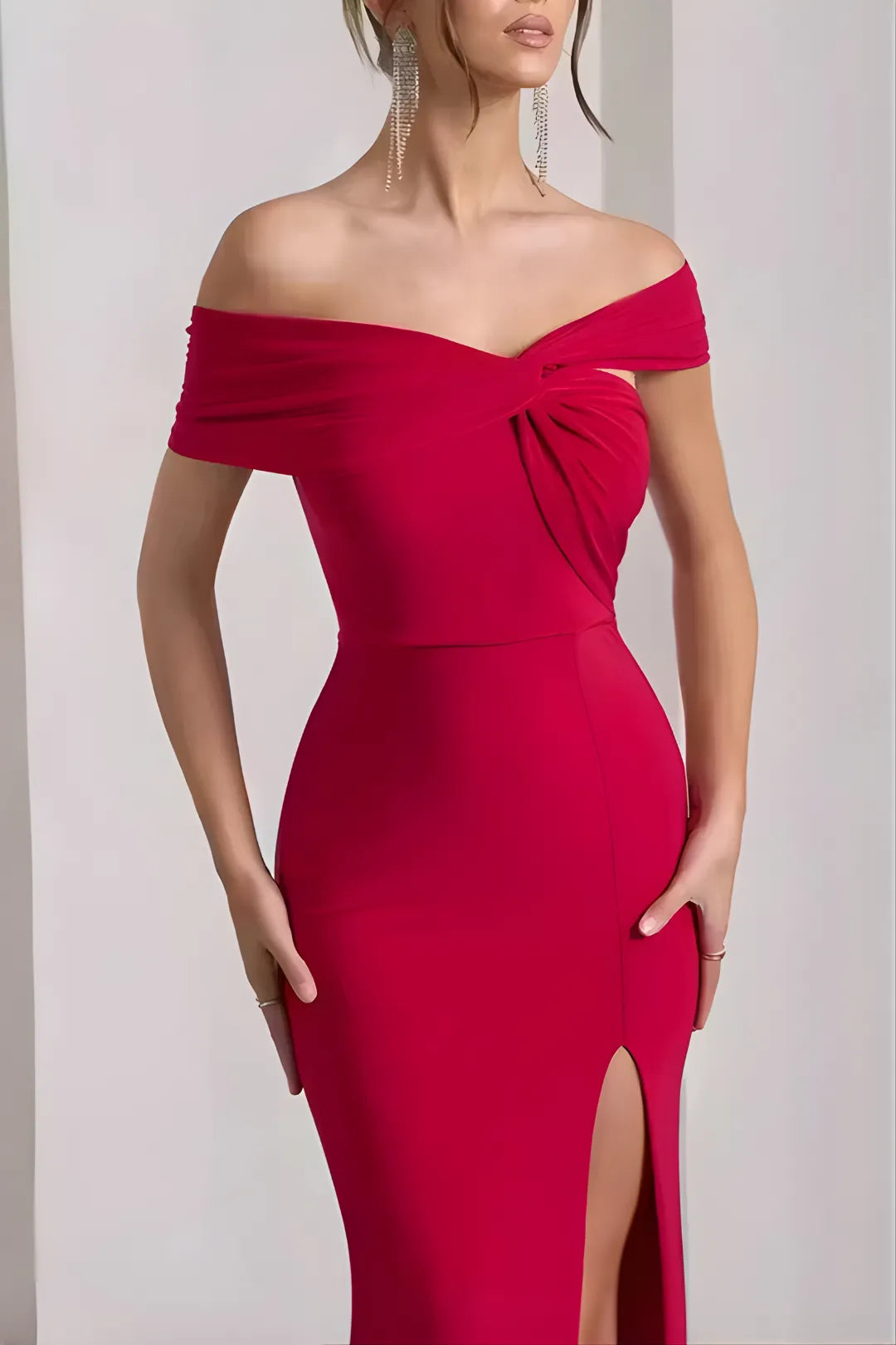 Red Off-The-Shoulder Slit Maxi Dress