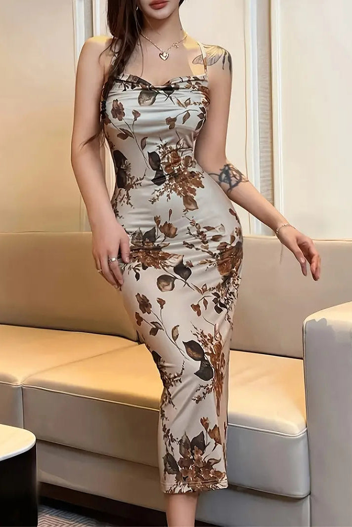 Brown Floral Print Maxi Dress