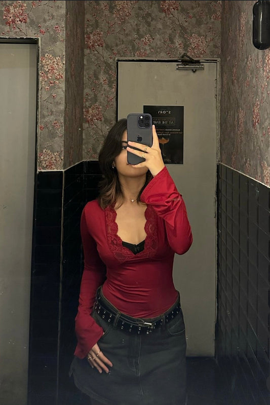 Burgundy Lace Detailed Plunging Neck Top