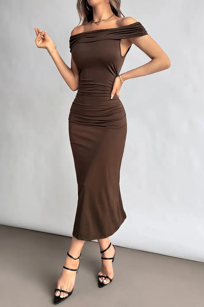 Off-the-Shoulder Ruched Midi Dress