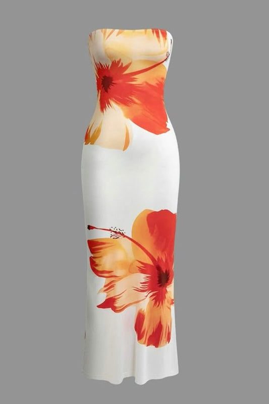 White Strapless Hibiscus Print Maxi Dress
