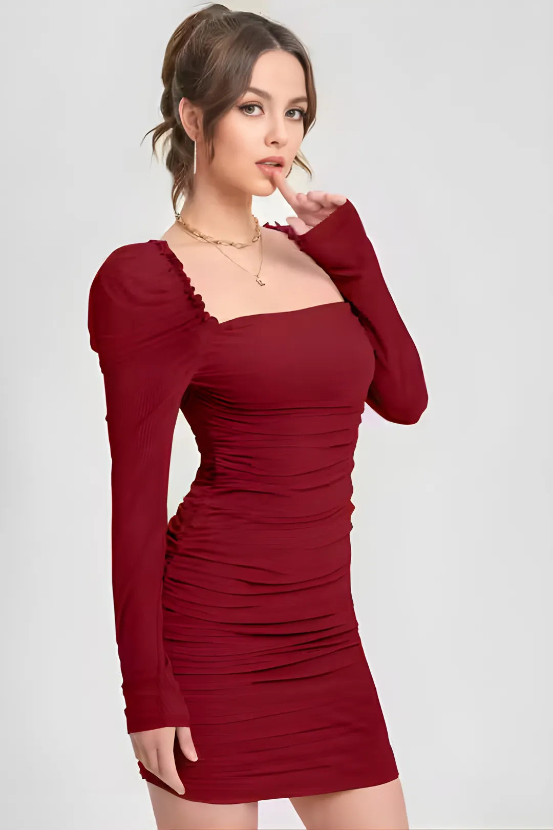 Wine Red Ruched Long-Sleeve Dress