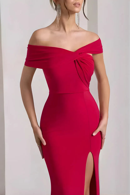 Red Off-The-Shoulder Slit Maxi Dress