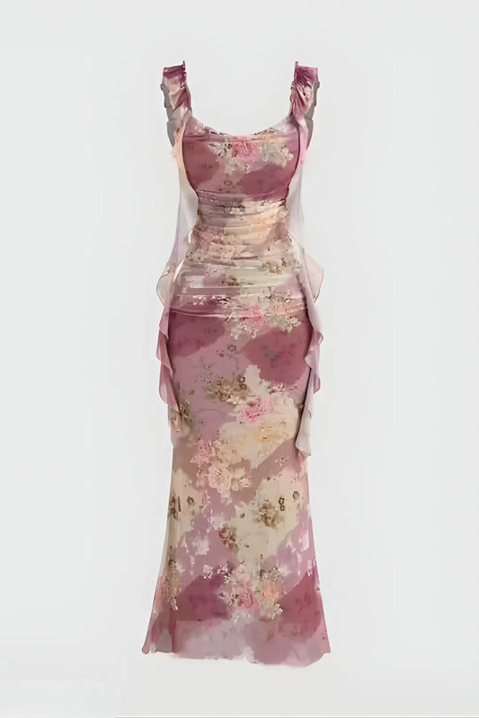 Ruched Floral Ruffle Maxi