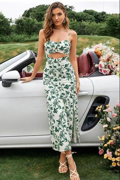 Green Leaf Print Cami Cut-Out Maxi Dress
