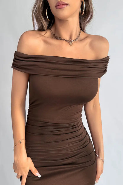 Off-the-Shoulder Ruched Midi Dress