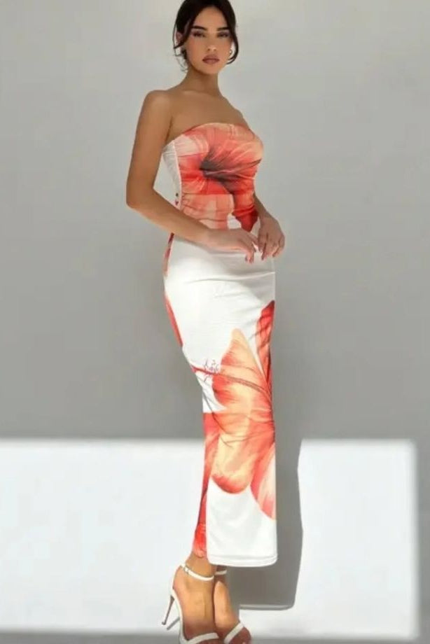 White Strapless Hibiscus Print Maxi Dress