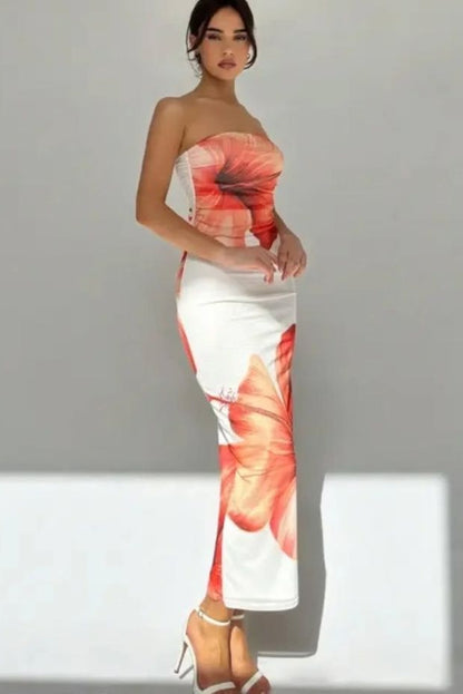 White Strapless Hibiscus Print Maxi Dress