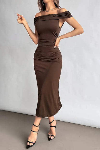 Off-the-Shoulder Ruched Midi Dress